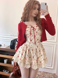 GETADME 2025 New Sweet Floral Dress Set Woman Casual Red Short Cardigan Elegant Lace Y2k Mini Dress Beach Korean Fashion Clothing Suit