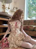 GETADME 2025 New Sweet Floral Dress Set Woman Casual Red Short Cardigan Elegant Lace Y2k Mini Dress Beach Korean Fashion Clothing Suit