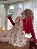 GETADME 2025 New Sweet Floral Dress Set Woman Casual Red Short Cardigan Elegant Lace Y2k Mini Dress Beach Korean Fashion Clothing Suit