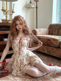 GETADME 2025 New Sweet Floral Dress Set Woman Casual Red Short Cardigan Elegant Lace Y2k Mini Dress Beach Korean Fashion Clothing Suit