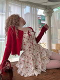 GETADME 2025 New Sweet Floral Dress Set Woman Casual Red Short Cardigan Elegant Lace Y2k Mini Dress Beach Korean Fashion Clothing Suit