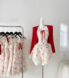 GETADME 2025 New Sweet Floral Dress Set Woman Casual Red Short Cardigan Elegant Lace Y2k Mini Dress Beach Korean Fashion Clothing Suit