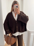 GETADME 2024 New Women's Fashion Single Breasted Knitted Cardigan Casual Loose V-neck Long Sleeved Short Sweater Fall Lady Chic Knitwear