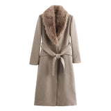 GETADME 2025 RARF Women's Belt Warm Fur Collar Coat Flip Collar Pocket Button Decoration Autumn/Winter New Women's Wear