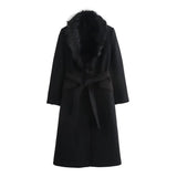 GETADME 2025 RARF Women's Belt Warm Fur Collar Coat Flip Collar Pocket Button Decoration Autumn/Winter New Women's Wear
