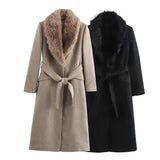 GETADME 2025 RARF Women's Belt Warm Fur Collar Coat Flip Collar Pocket Button Decoration Autumn/Winter New Women's Wear