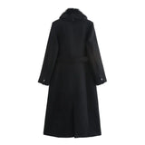 GETADME 2025 RARF Women's Belt Warm Fur Collar Coat Flip Collar Pocket Button Decoration Autumn/Winter New Women's Wear