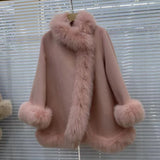 GETADME 2025 Real Fur Coat Winter Jacket Women Natural Fox Fur Collar Warm Cashmere Wool Woolen Ladies Outerwear Streetwear Fashion