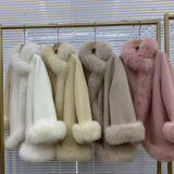 GETADME 2025 Real Fur Coat Winter Jacket Women Natural Fox Fur Collar Warm Cashmere Wool Woolen Ladies Outerwear Streetwear Fashion