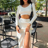 GETADME 2025 Spring Autumn Women Sexy Knitted Sweater Skirt Suit Y2K Fashion Long Sleeve Crop Tops And Long Split Skirt Two Piece Sets