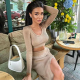 GETADME 2025 Spring Autumn Women Sexy Knitted Sweater Skirt Suit Y2K Fashion Long Sleeve Crop Tops And Long Split Skirt Two Piece Sets