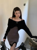 GETADME 2025 Spring Y2k Two Peices Set Sexy Elegant Long Sleeve Sweater Pullovers + Women Knitted Split Mini Dresses Female Cute Vestido