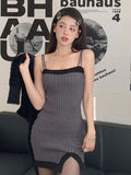 GETADME 2025 Spring Y2k Two Peices Set Sexy Elegant Long Sleeve Sweater Pullovers + Women Knitted Split Mini Dresses Female Cute Vestido
