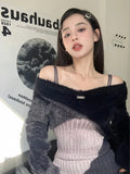 GETADME 2025 Spring Y2k Two Peices Set Sexy Elegant Long Sleeve Sweater Pullovers + Women Knitted Split Mini Dresses Female Cute Vestido
