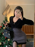 GETADME 2025 Spring Y2k Two Peices Set Sexy Elegant Long Sleeve Sweater Pullovers + Women Knitted Split Mini Dresses Female Cute Vestido