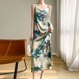 GETADME 2025 Spring and Summer New Women's Dress Colorful Flower Suspender Skirt Satin Silky Dress Cool and Comfortable