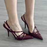 GETADME 2024 Summer New High Heels, Women's Sexy Hollow Black Silk Pointed One-line Buckle Skinny Heel Sandals, Women's Shoes