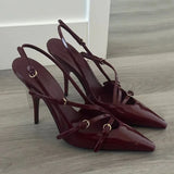 GETADME 2024 Summer New High Heels, Women's Sexy Hollow Black Silk Pointed One-line Buckle Skinny Heel Sandals, Women's Shoes