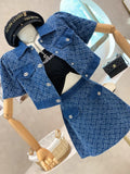 GETADME 2025 Summer New Street Fashion Women's Suit With Skirt Denim Short Sleeve Top Sweet Girl Female Blue Plaid Skirt 2 Piece Set