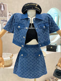 GETADME 2025 Summer New Street Fashion Women's Suit With Skirt Denim Short Sleeve Top Sweet Girl Female Blue Plaid Skirt 2 Piece Set