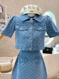 GETADME 2025 Summer New Street Fashion Women's Suit With Skirt Denim Short Sleeve Top Sweet Girl Female Blue Plaid Skirt 2 Piece Set