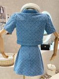 GETADME 2025 Summer New Street Fashion Women's Suit With Skirt Denim Short Sleeve Top Sweet Girl Female Blue Plaid Skirt 2 Piece Set