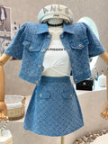 GETADME 2025 Summer New Street Fashion Women's Suit With Skirt Denim Short Sleeve Top Sweet Girl Female Blue Plaid Skirt 2 Piece Set