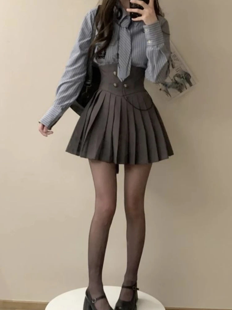 GETADME 2025 Summer Preppy Style Patchwork Skirt Suit Vintage 3 Piece Set Women Short Coat+ Striped Shirt + High Waist Mini Skirt Chic