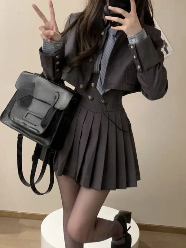 GETADME 2025 Summer Preppy Style Patchwork Skirt Suit Vintage 3 Piece Set Women Short Coat+ Striped Shirt + High Waist Mini Skirt Chic