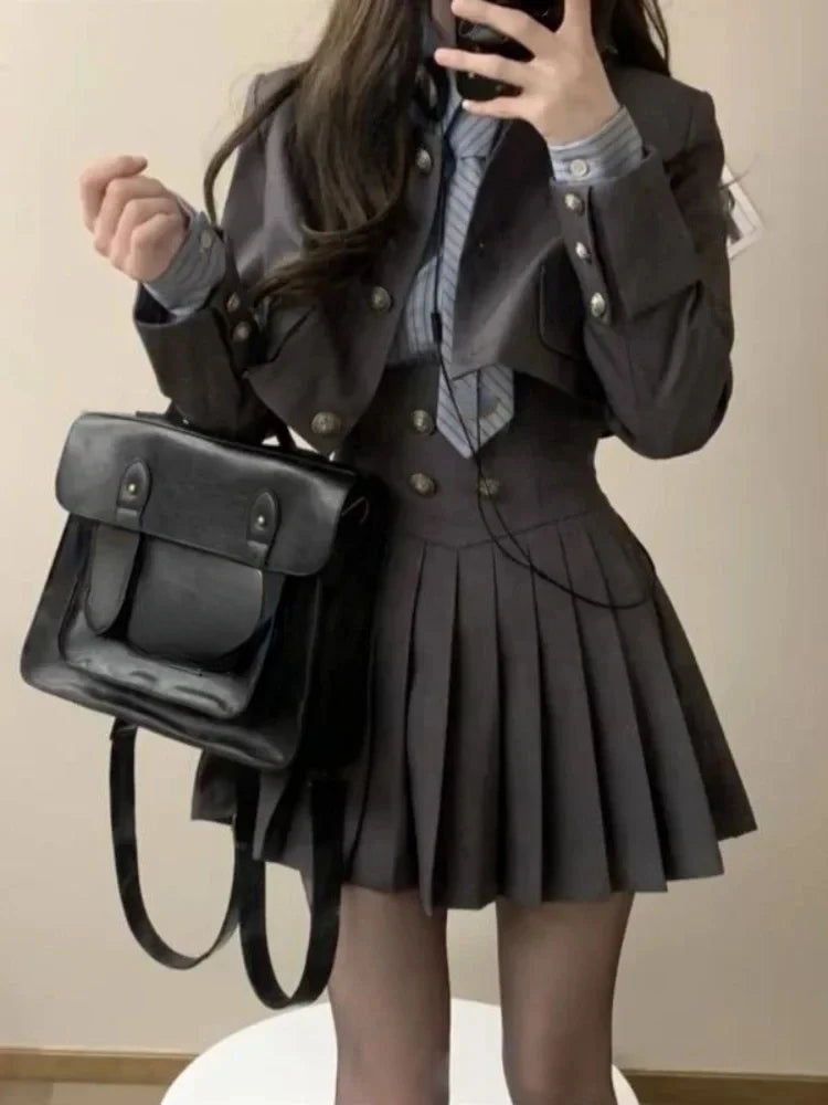 GETADME 2025 Summer Preppy Style Patchwork Skirt Suit Vintage 3 Piece Set Women Short Coat+ Striped Shirt + High Waist Mini Skirt Chic