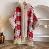 GETADME 2025 Winter Thicken Fleece Collar Cape Coat With Hat Elegant Beautiful Faux Fur Long Tassels Women Party Dress Cloak Warm Wraps
