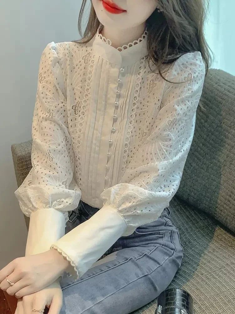 GETADME 2025 Women's Lace Shirts Blouses Y2k Vintage Aesthetic Harajuku 2000s Elegant Fashion Solid Color Long Sleeve Shirt Top Clothes