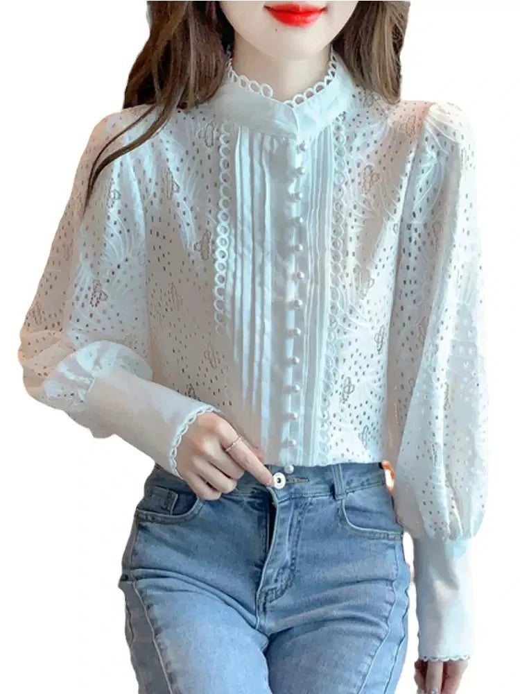 GETADME 2025 Women's Lace Shirts Blouses Y2k Vintage Aesthetic Harajuku 2000s Elegant Fashion Solid Color Long Sleeve Shirt Top Clothes