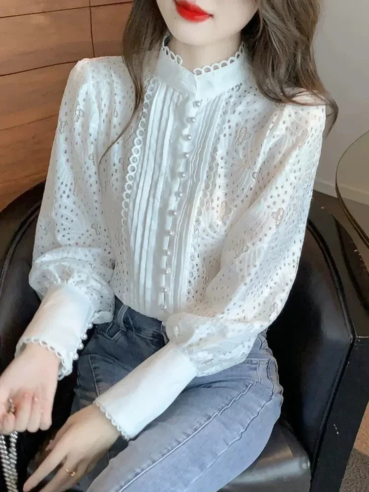 GETADME 2025 Women's Lace Shirts Blouses Y2k Vintage Aesthetic Harajuku 2000s Elegant Fashion Solid Color Long Sleeve Shirt Top Clothes