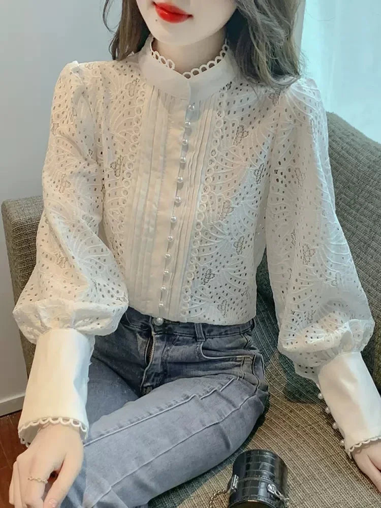 GETADME 2025 Women's Lace Shirts Blouses Y2k Vintage Aesthetic Harajuku 2000s Elegant Fashion Solid Color Long Sleeve Shirt Top Clothes