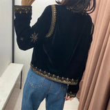 GETADME 2024 Zarb Spring/Summer New Women's Fashion and Versatile Slim Fit Trendy Palace Embroidered Velvet Coat