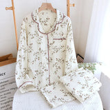 GETADME 2025 Japanese Spring and Autumn New Women's Pajama Set 100% Cotton Crepe Long sleeved Pants Cardigan Cute Plus Size Home Fury