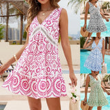 GETADME 2025 New Summer Elegant Print Hollow Out Patchwork Dress Sexy Lace V-Neck Sleeveless Loose Boho Beach Vacation Dresses For Women