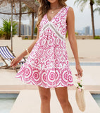 GETADME 2025 New Summer Elegant Print Hollow Out Patchwork Dress Sexy Lace V-Neck Sleeveless Loose Boho Beach Vacation Dresses For Women