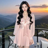 GETADME 2025 Spring New Long Sleeve V-neck Sweet Bow A-Line Pleated Dress Senior Fashion ElegantStreet Temperament Short Dress Women