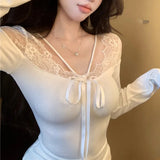 GETADME 2025 Spring Sexy Patchwork Lace Top Long Sleeve Bow Tie Casual Short Shirt Korean Fashion Women T Shirt
