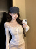GETADME 2025 Spring Sexy Patchwork Lace Top Long Sleeve Bow Tie Casual Short Shirt Korean Fashion Women T Shirt