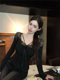 GETADME 2025 Spring Sexy Patchwork Lace Top Long Sleeve Bow Tie Casual Short Shirt Korean Fashion Women T Shirt