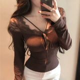 GETADME 2025 Spring Sexy Patchwork Lace Top Long Sleeve Bow Tie Casual Short Shirt Korean Fashion Women T Shirt