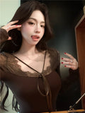 GETADME 2025 Spring Sexy Patchwork Lace Top Long Sleeve Bow Tie Casual Short Shirt Korean Fashion Women T Shirt