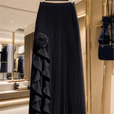GETADME 2025 Spring Summer New Design Apricot Long Skirt Elastic High Waist Pleated Skirt Sweet Early Autumn Women's Black Skirt Fashion