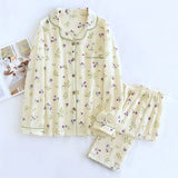 GETADME 2025 Spring and Autumn Women's Pajama Set 100% Cotton Crepe Long sleeved Pants Two piece Cute and Sweet Home Fury Set Ladies