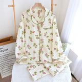 GETADME 2025 Spring and Autumn Women's Pajama Set 100% Cotton Crepe Long sleeved Pants Two piece Cute and Sweet Home Fury Set Ladies