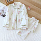 GETADME 2025 Spring and Autumn Women's Pajama Set 100% Cotton Crepe Long sleeved Pants Two piece Cute and Sweet Home Fury Set Ladies