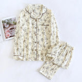 GETADME 2025 Spring and Autumn Women's Pajama Set 100% Cotton Crepe Long sleeved Pants Two piece Cute and Sweet Home Fury Set Ladies